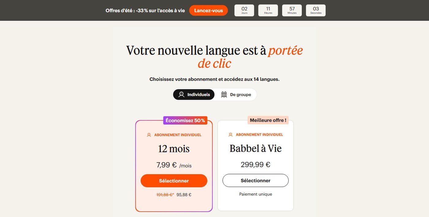 La page tarifs de Babbel : 7,99 € par mois affichés, 95,88 € réellement prélevés sur douze mois, et un compte à rebours permanent