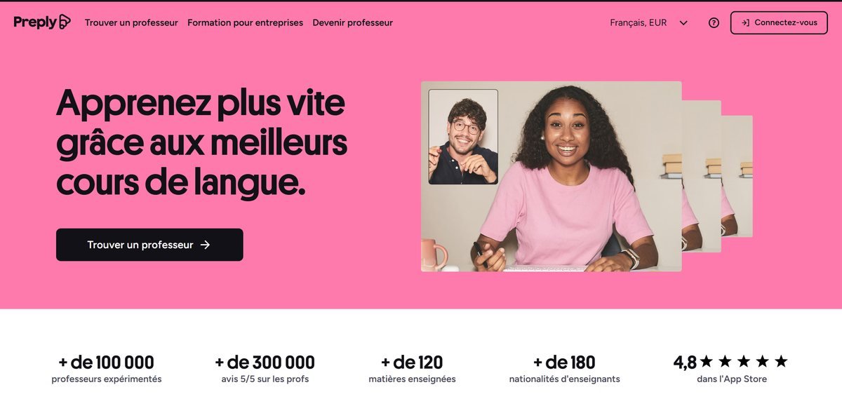 Page d'accueil de Preply : plus de 100 000 professeurs et 4,8 sur l'App Store