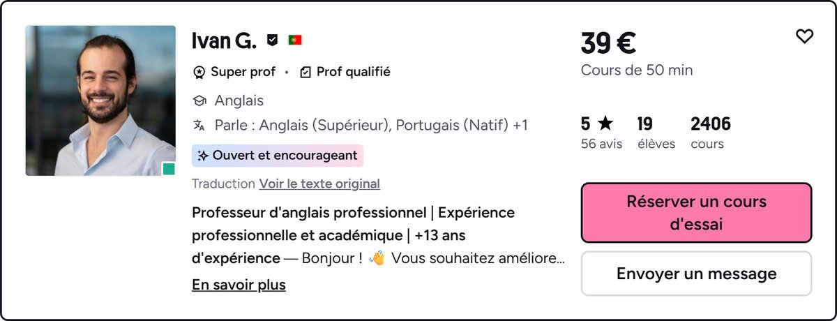 Fiche d'un professeur d'anglais sur Preply affichant 39 € pour un cours de 50 min